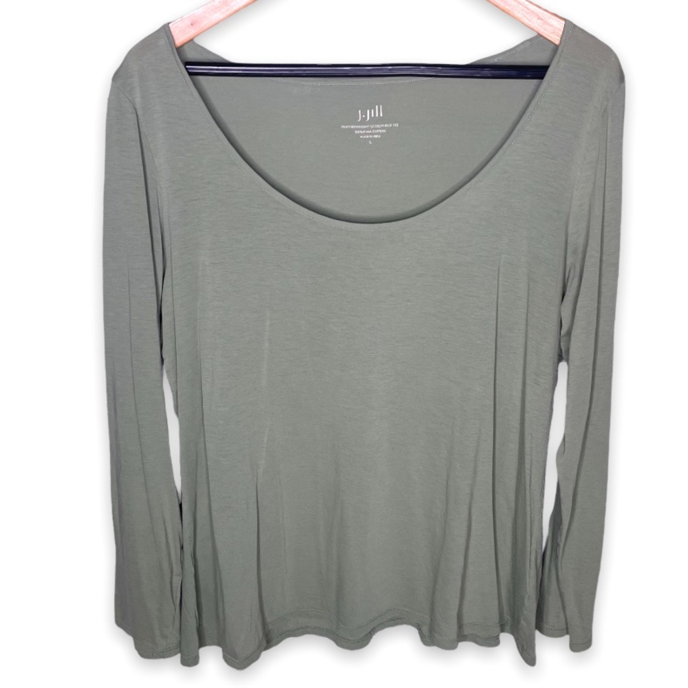 J. Jill Women's Featherweight Scoop Neck Long-Sleeve Top  Olive Gray 100% Pima L